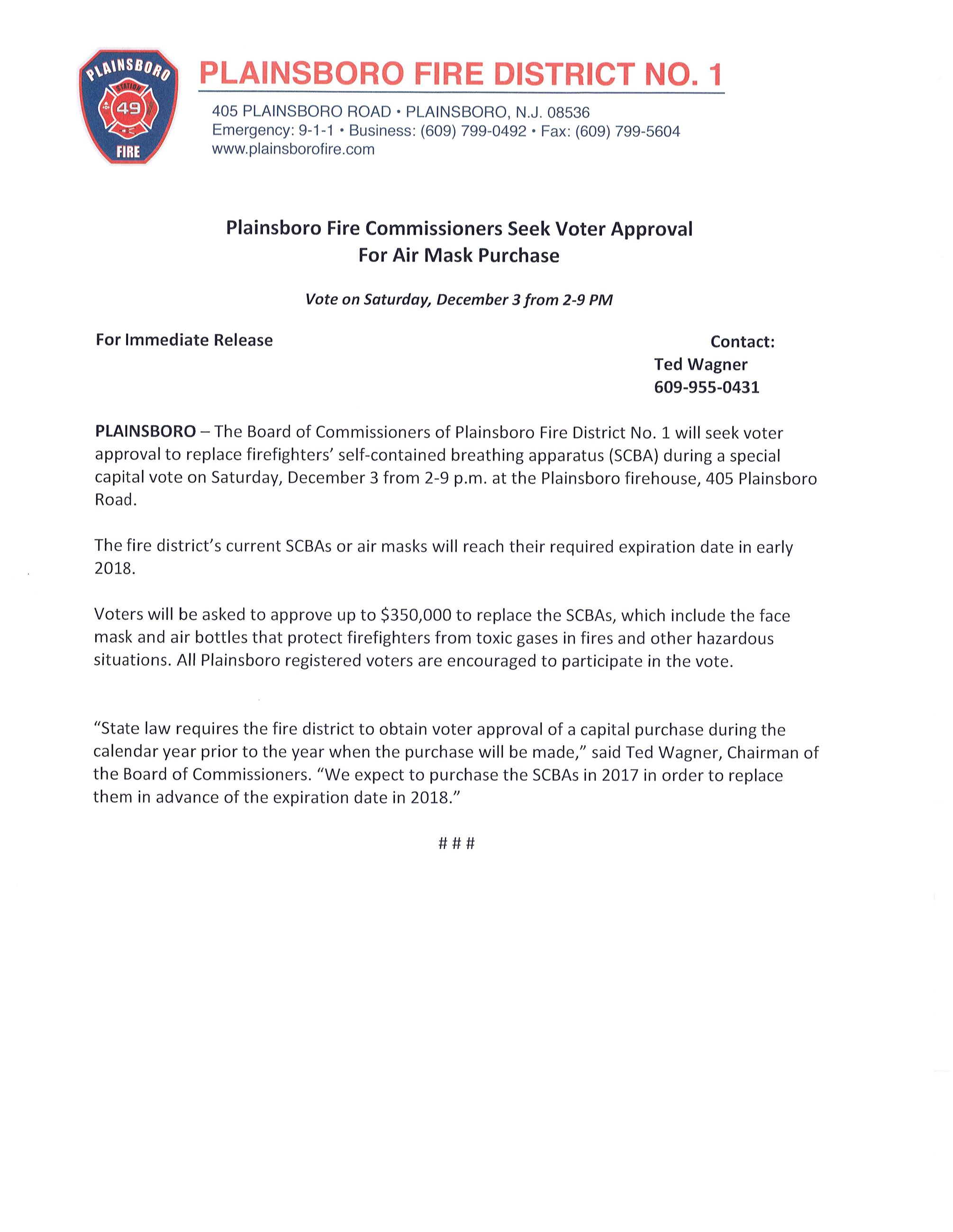Plainsboro Fire-SCBA Vote News Release-112716